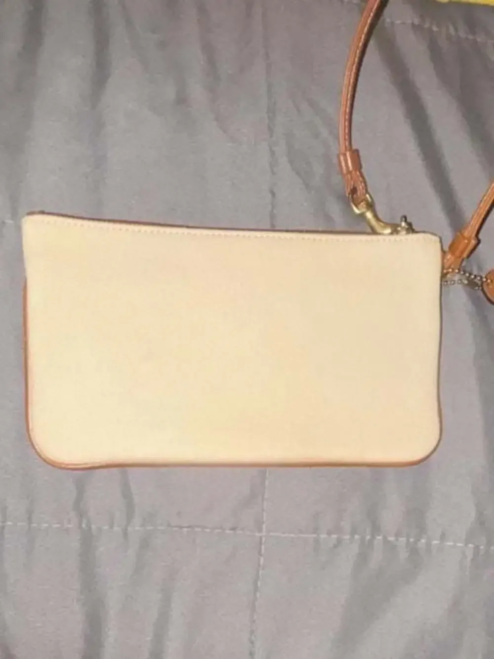 Vintage Coach Tan and Cream Canvas Turnlock Wristlet Pouch with Leather Trim